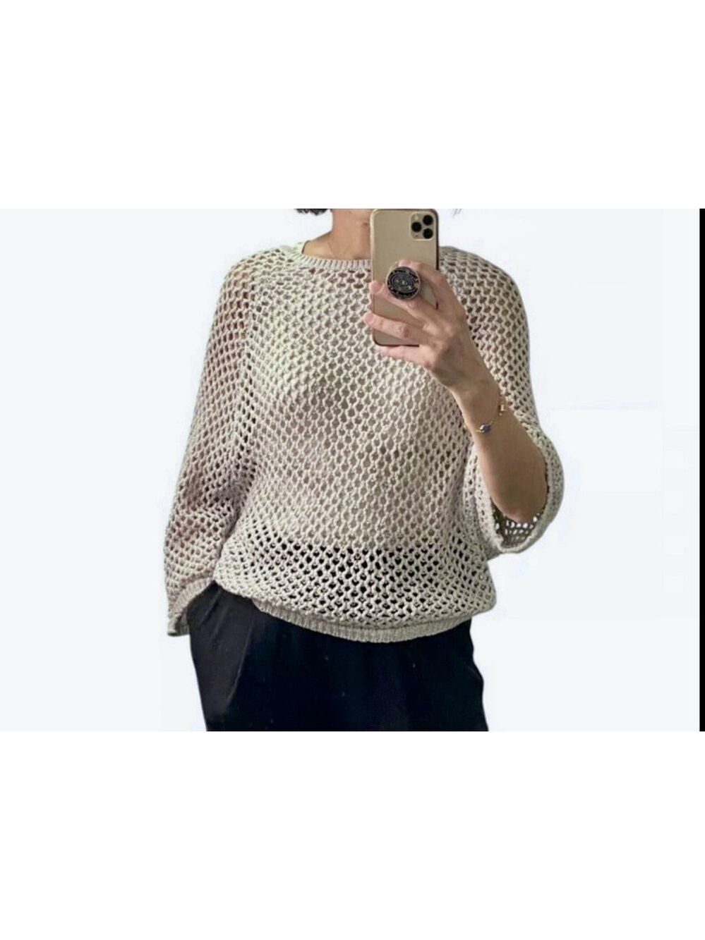 Vivienne Tam Knit Mesh Sweater MED Gray Crochet Boho Lagenlook Boxy Hippie Artsy